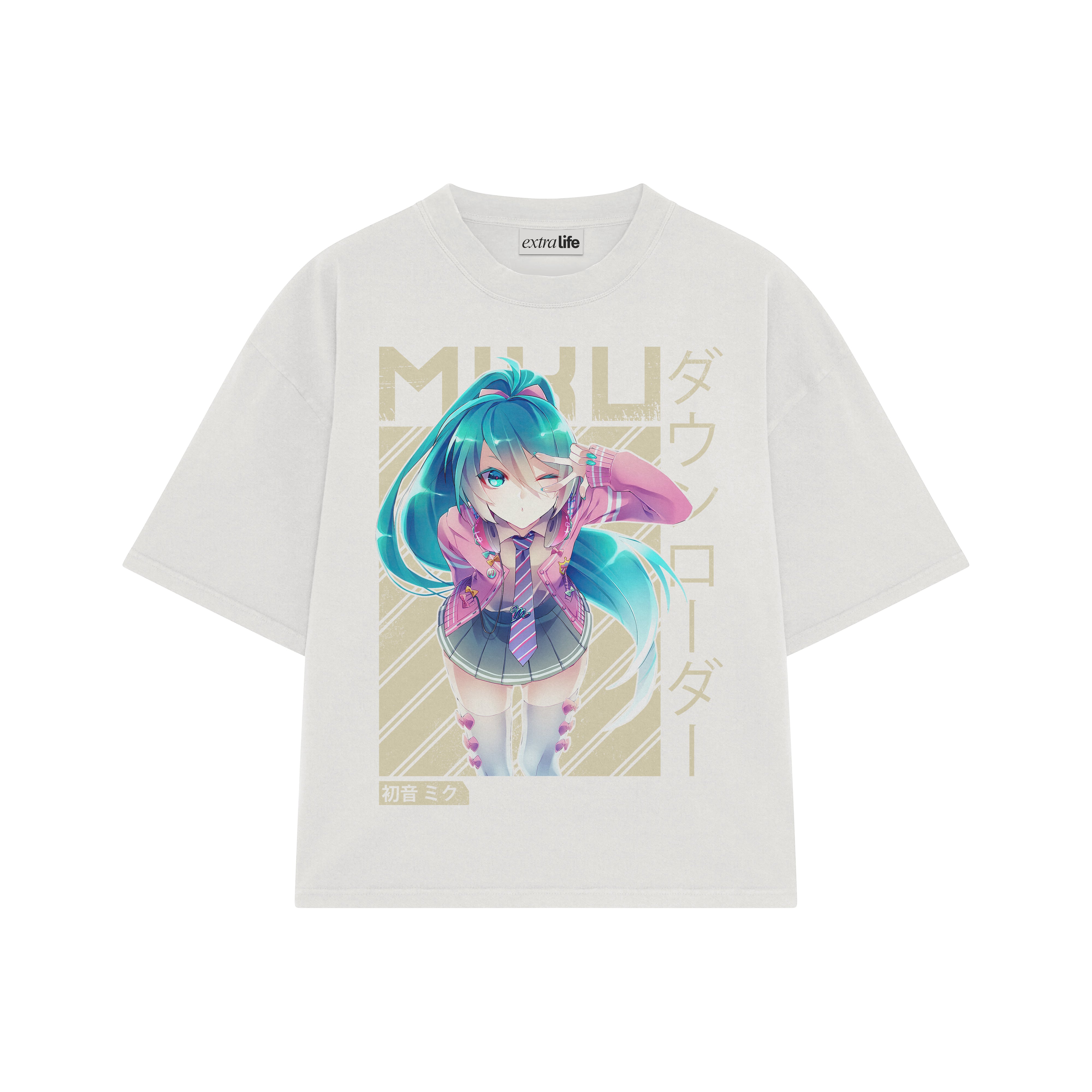 Playera streetwear premium de anime y gaming ExtraLife MX, corte boxy oversized drop shoulder heavyweight en color Deep Black y Off-White, moda urbana mexicana de culto.