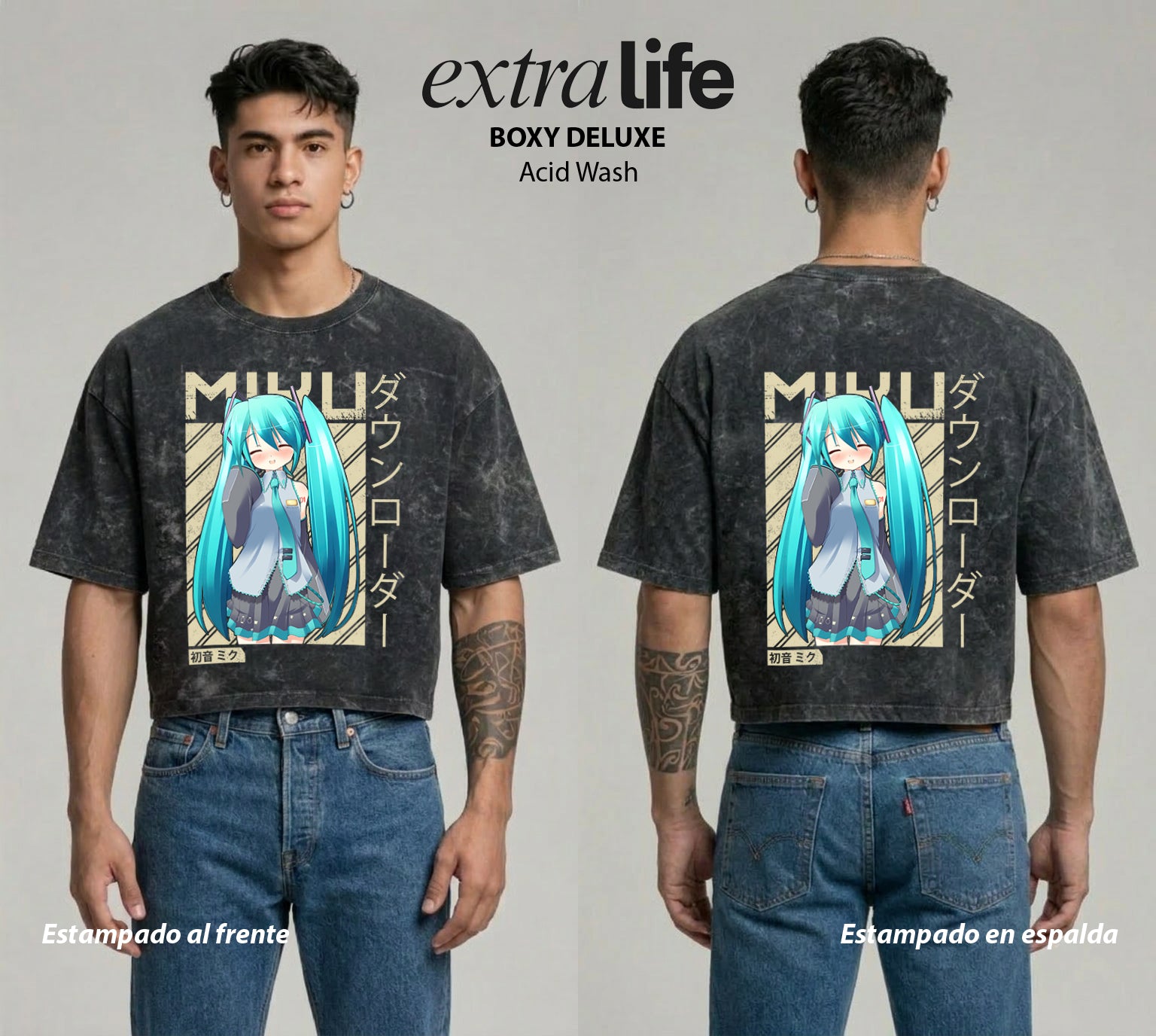Playera streetwear premium de anime y gaming ExtraLife MX, corte boxy deluxe mineral wash heavyweight en color Acid Wash, moda urbana mexicana de culto.