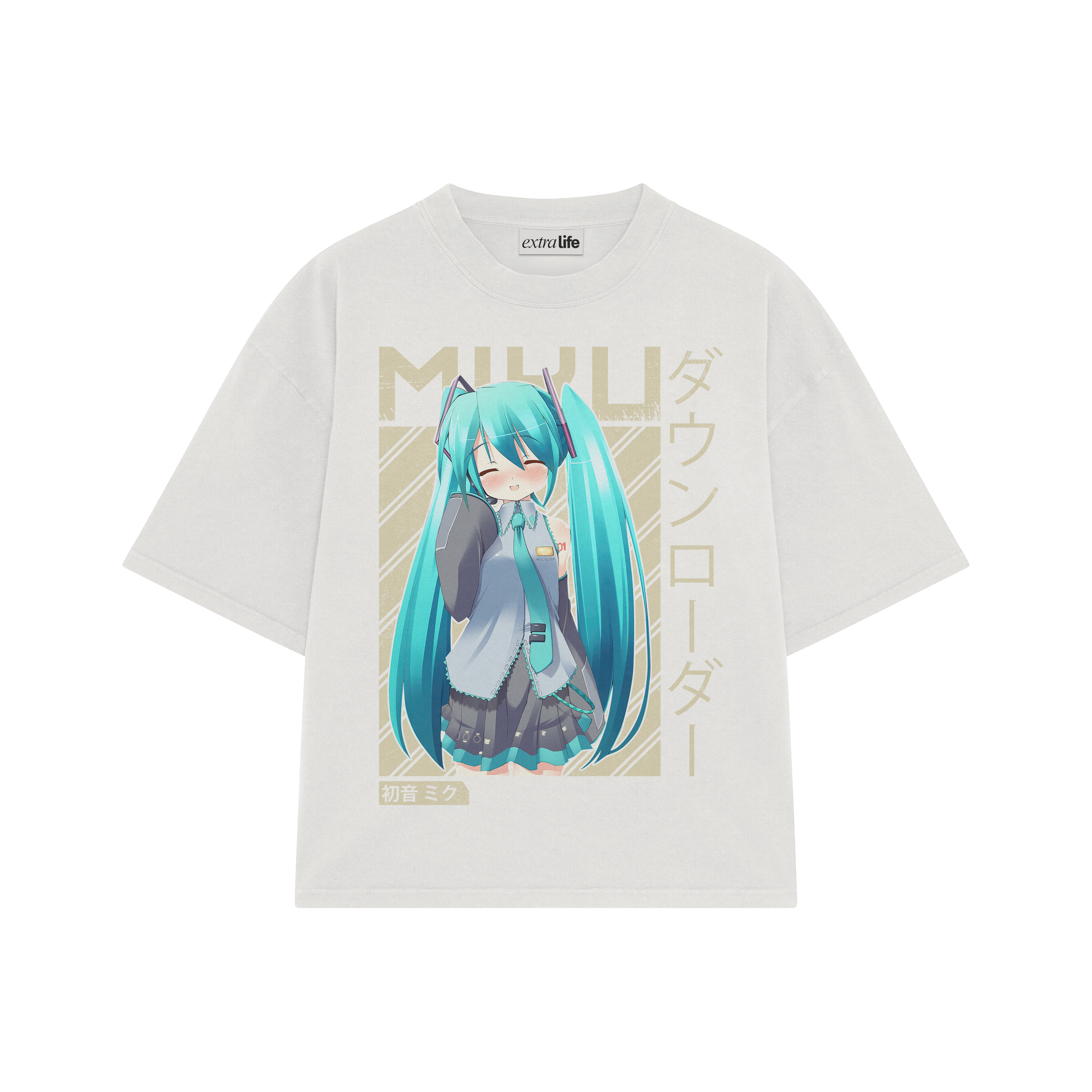 Playera streetwear premium de anime y gaming ExtraLife MX, corte boxy oversized drop shoulder heavyweight en color Deep Black y Off-White, moda urbana mexicana de culto.