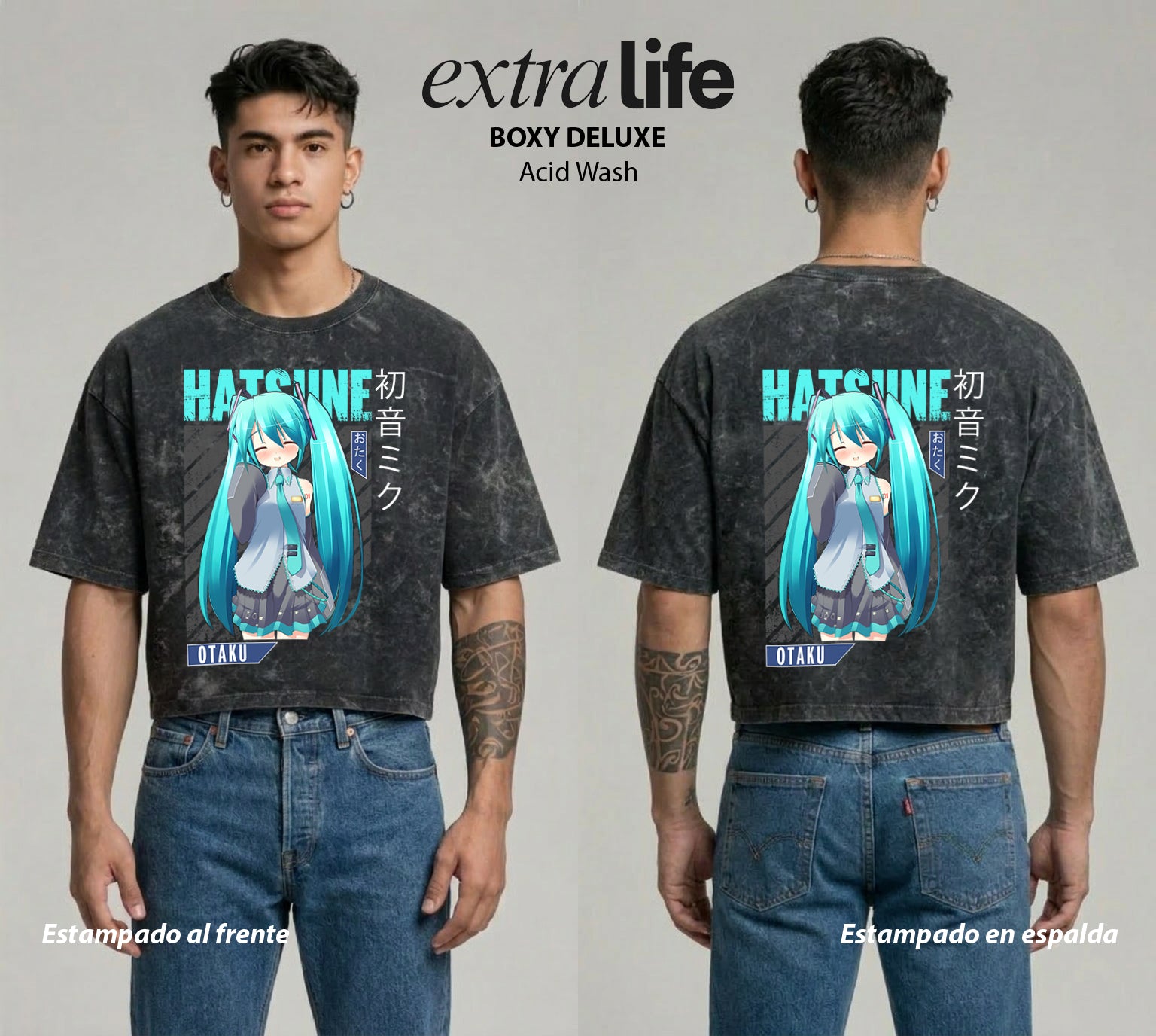 Playera streetwear premium de anime y gaming ExtraLife MX, corte boxy deluxe mineral wash heavyweight en color Acid Wash, moda urbana mexicana de culto.
