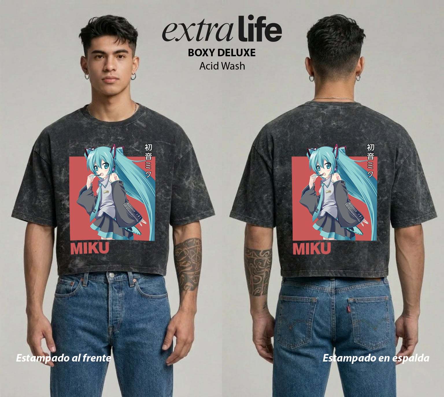 Playera streetwear premium de anime y gaming ExtraLife MX, corte boxy deluxe mineral wash heavyweight en color Acid Wash, moda urbana mexicana de culto.