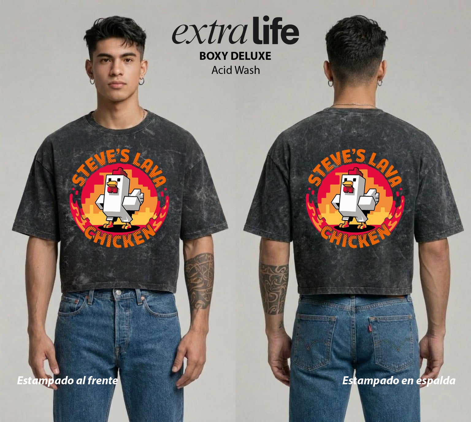 Playera streetwear premium de anime y gaming ExtraLife MX, corte boxy deluxe mineral wash heavyweight en color Acid Wash, moda urbana mexicana de culto.