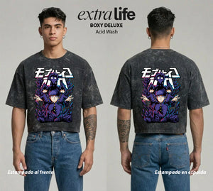 Playera streetwear premium de anime y gaming ExtraLife MX, corte boxy deluxe mineral wash heavyweight en color Acid Wash, moda urbana mexicana de culto.