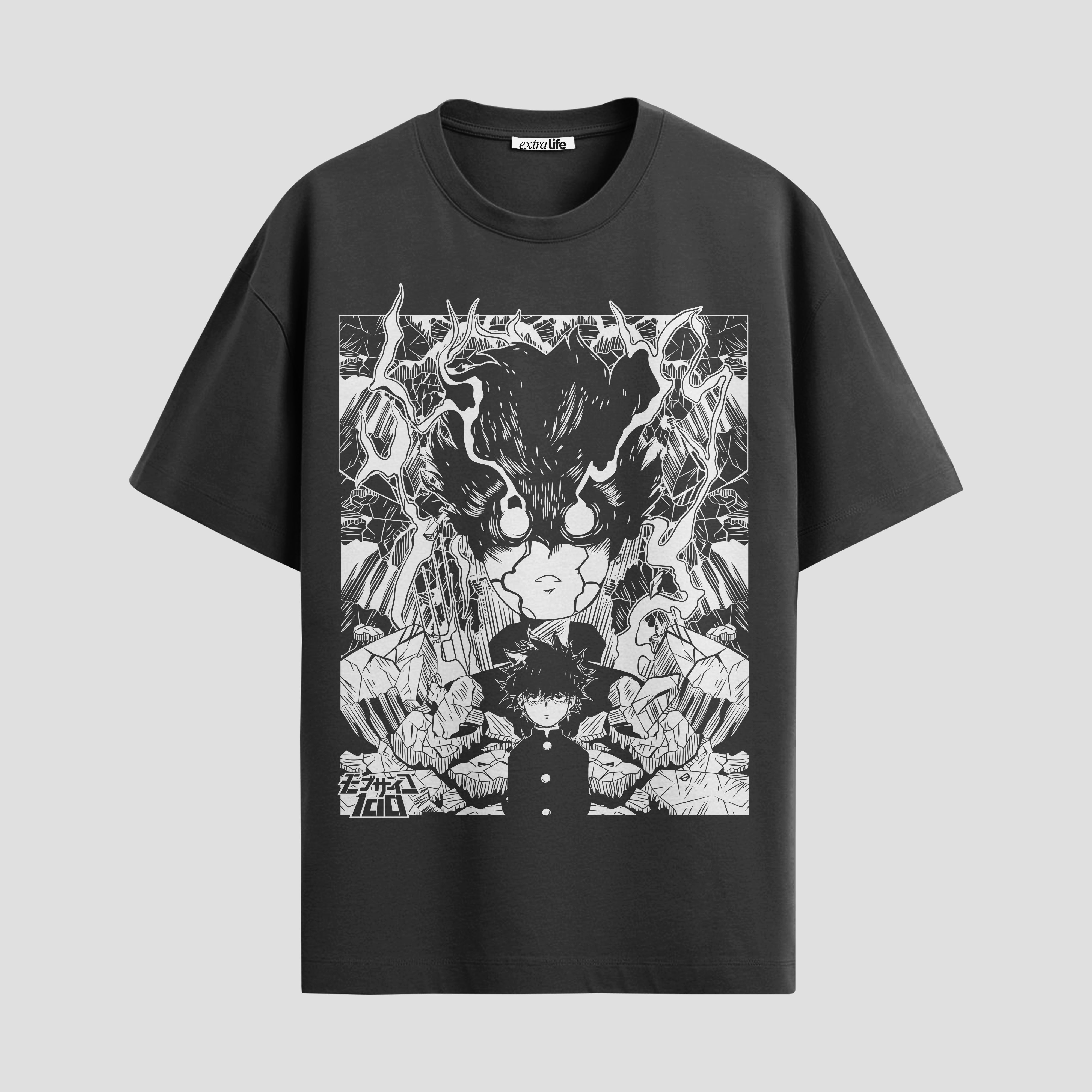 Playera urbana de anime y gaming ExtraLife MX, corte Standard Fit unisex ligero y transpirable en color Deep Black y Pure White, ropa de uso diario para gym y casual.