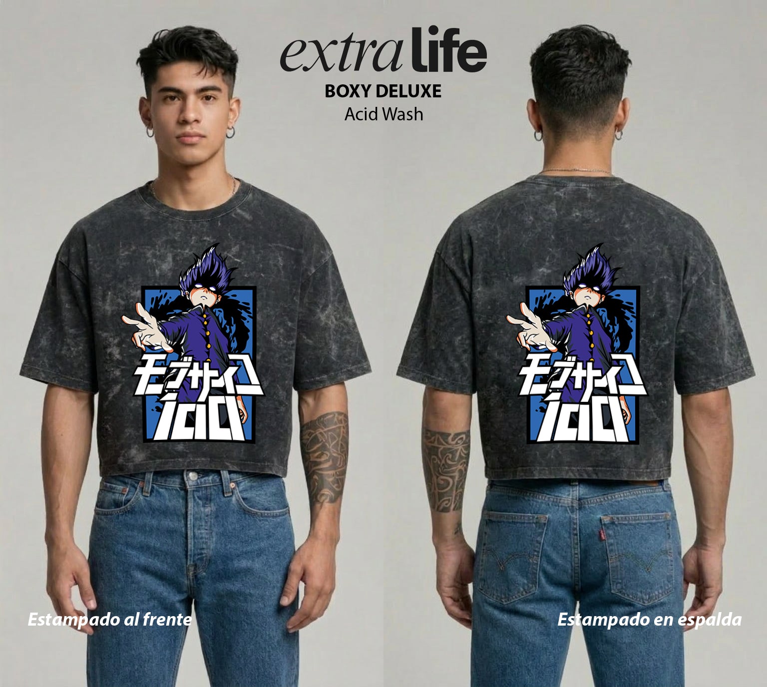 Playera streetwear premium de anime y gaming ExtraLife MX, corte boxy deluxe mineral wash heavyweight en color Acid Wash, moda urbana mexicana de culto.