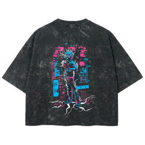 Playera streetwear premium de anime y gaming ExtraLife MX, corte boxy deluxe mineral wash heavyweight en color Acid Wash, moda urbana mexicana de culto.