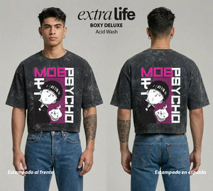 Playera streetwear premium de anime y gaming ExtraLife MX, corte boxy deluxe mineral wash heavyweight en color Acid Wash, moda urbana mexicana de culto.
