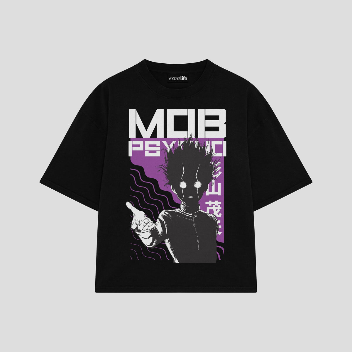 Playera streetwear premium de anime y gaming ExtraLife MX, corte oversized drop shoulder ligero y fresco en color Deep Black y Off-White, moda urbana mexicana de culto.