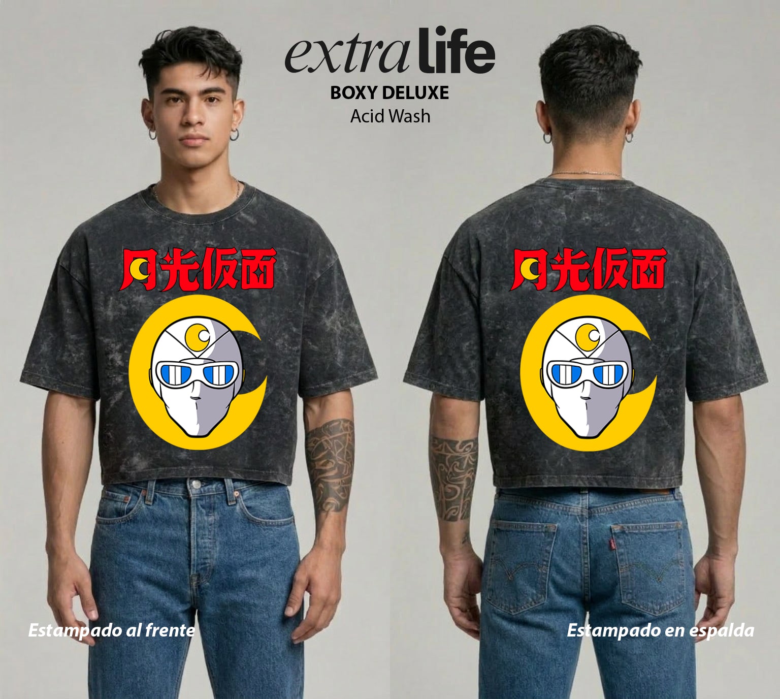 Playera streetwear premium de anime y gaming ExtraLife MX, corte boxy deluxe mineral wash heavyweight en color Acid Wash, moda urbana mexicana de culto.
