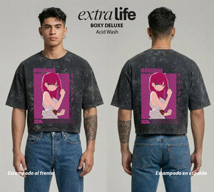 Playera streetwear premium de anime y gaming ExtraLife MX, corte boxy deluxe mineral wash heavyweight en color Acid Wash, moda urbana mexicana de culto.