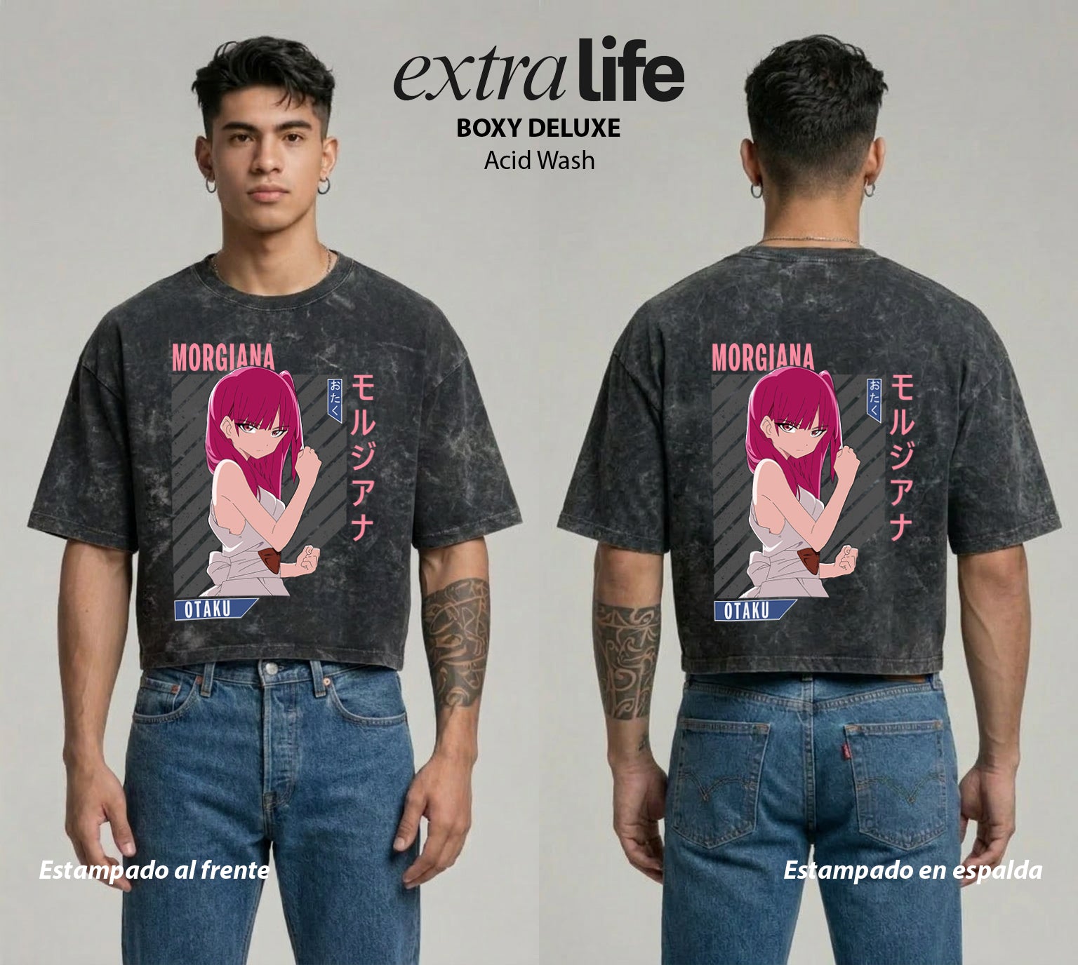 Playera streetwear premium de anime y gaming ExtraLife MX, corte boxy deluxe mineral wash heavyweight en color Acid Wash, moda urbana mexicana de culto.