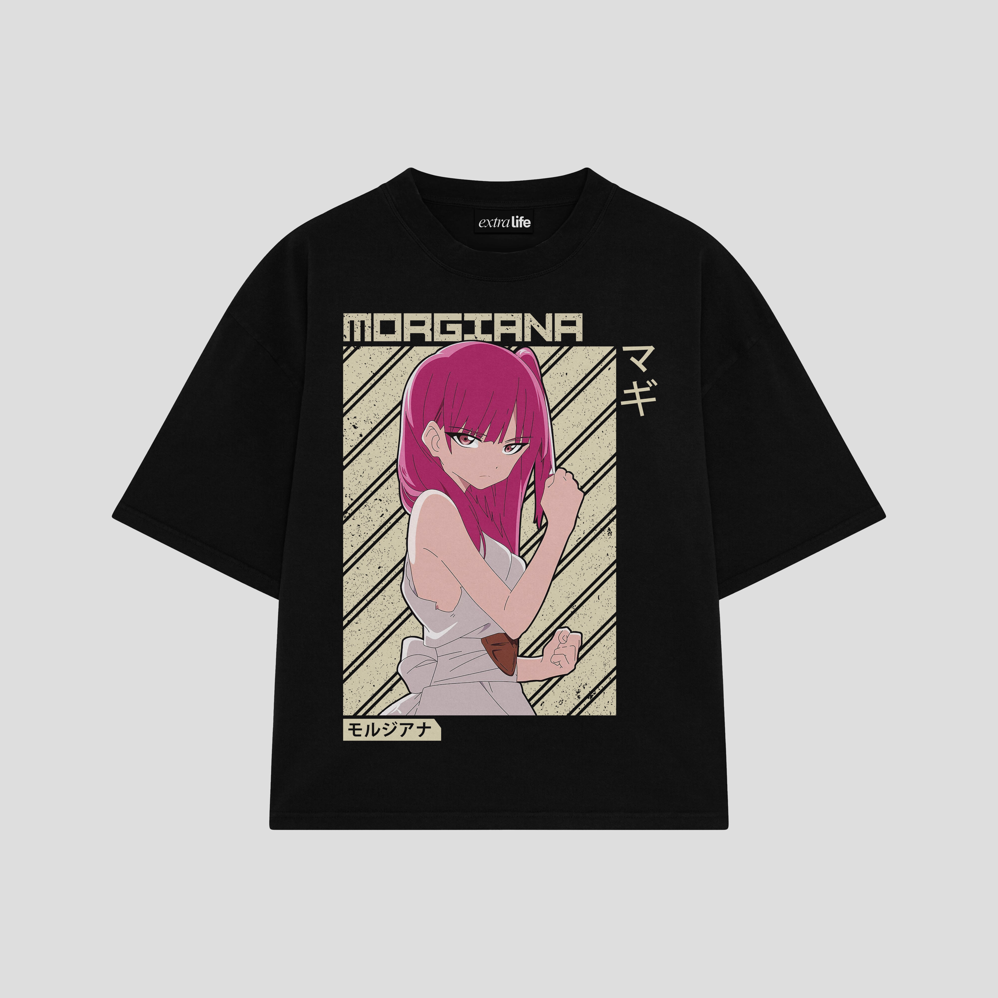 Playera streetwear premium de anime y gaming ExtraLife MX, corte boxy oversized drop shoulder heavyweight en color Deep Black y Off-White, moda urbana mexicana de culto.