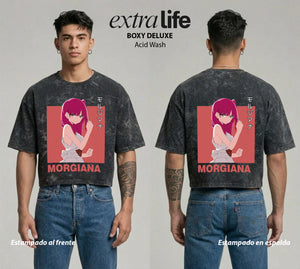 Playera streetwear premium de anime y gaming ExtraLife MX, corte boxy deluxe mineral wash heavyweight en color Acid Wash, moda urbana mexicana de culto.