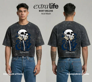 Playera streetwear premium de anime y gaming ExtraLife MX, corte boxy deluxe mineral wash heavyweight en color Acid Wash, moda urbana mexicana de culto.