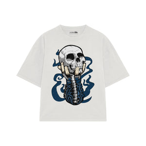Playera streetwear premium de anime y gaming ExtraLife MX, corte boxy oversized drop shoulder heavyweight en color Deep Black y Off-White, moda urbana mexicana de culto.
