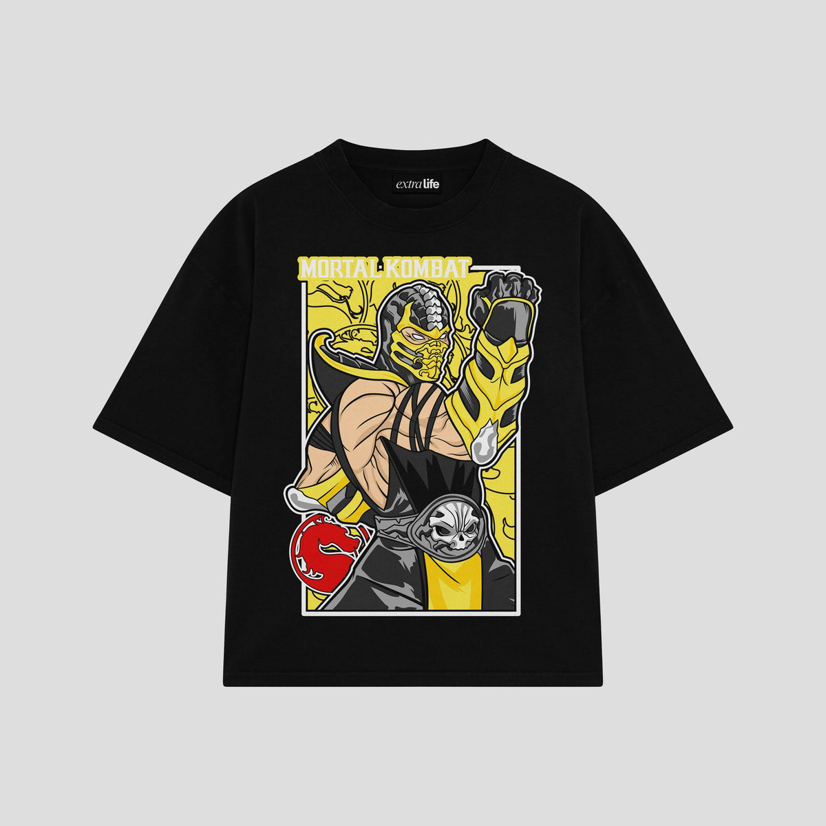 Playera streetwear premium de anime y gaming ExtraLife MX, corte oversized drop shoulder ligero y fresco en color Deep Black y Off-White, moda urbana mexicana de culto.