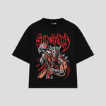 Playera streetwear premium de anime y gaming ExtraLife MX, corte boxy oversized drop shoulder heavyweight en color Deep Black y Off-White, moda urbana mexicana de culto.