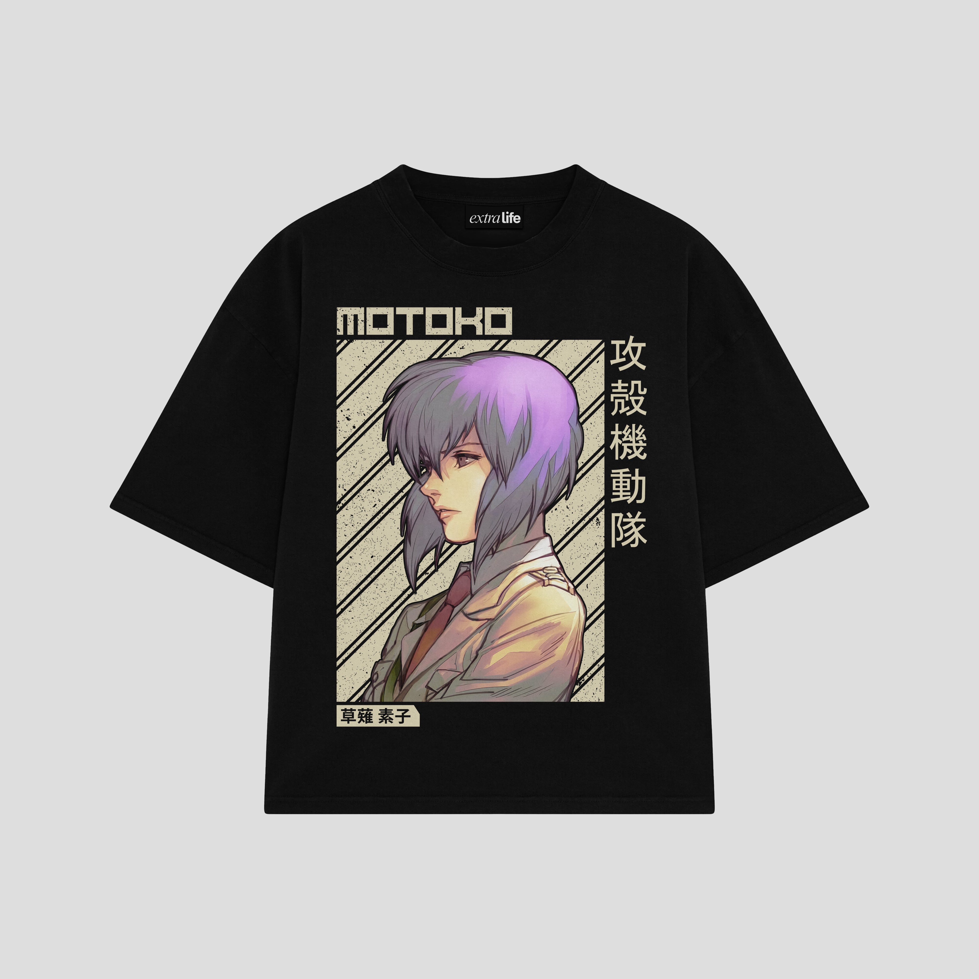Playera streetwear premium de anime y gaming ExtraLife MX, corte boxy oversized drop shoulder heavyweight en color Deep Black y Off-White, moda urbana mexicana de culto.