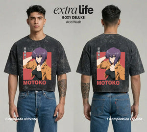 Playera streetwear premium de anime y gaming ExtraLife MX, corte boxy deluxe mineral wash heavyweight en color Acid Wash, moda urbana mexicana de culto.