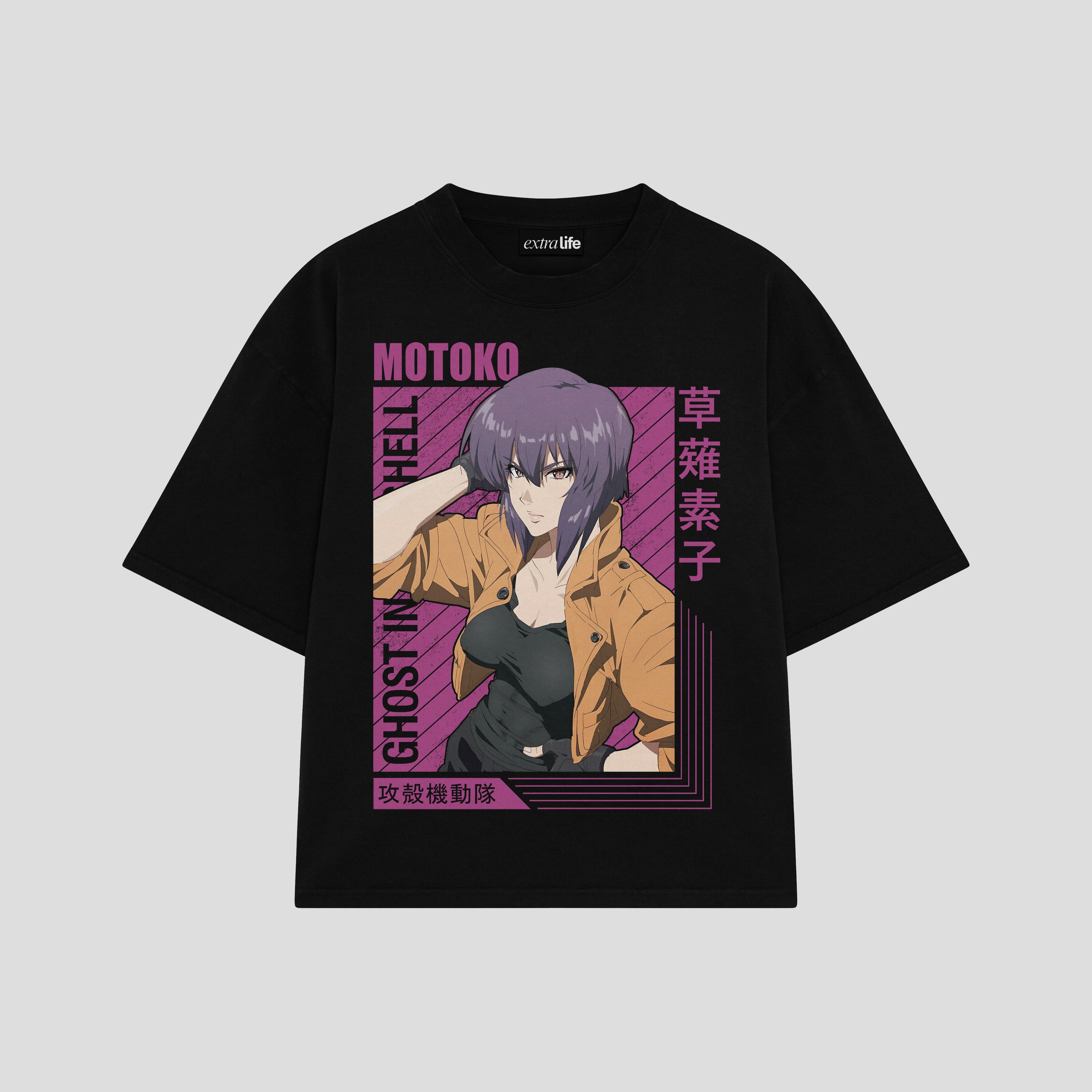 Playera streetwear premium de anime y gaming ExtraLife MX, corte boxy oversized drop shoulder heavyweight en color Deep Black y Off-White, moda urbana mexicana de culto.