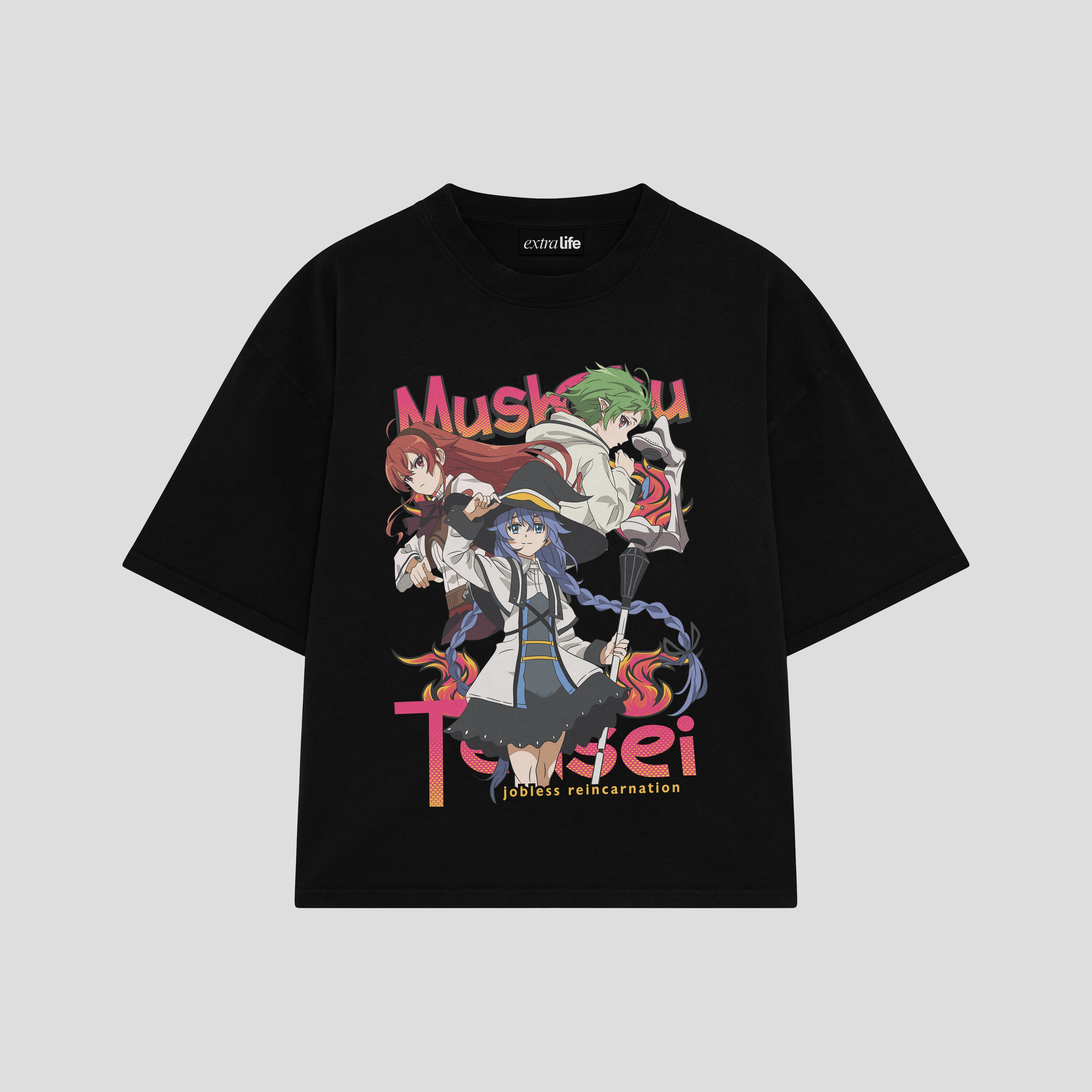 Playera streetwear premium de anime y gaming ExtraLife MX, corte boxy oversized drop shoulder heavyweight en color Deep Black y Off-White, moda urbana mexicana de culto.