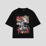Playera streetwear premium de anime y gaming ExtraLife MX, corte boxy oversized drop shoulder heavyweight en color Deep Black y Off-White, moda urbana mexicana de culto.