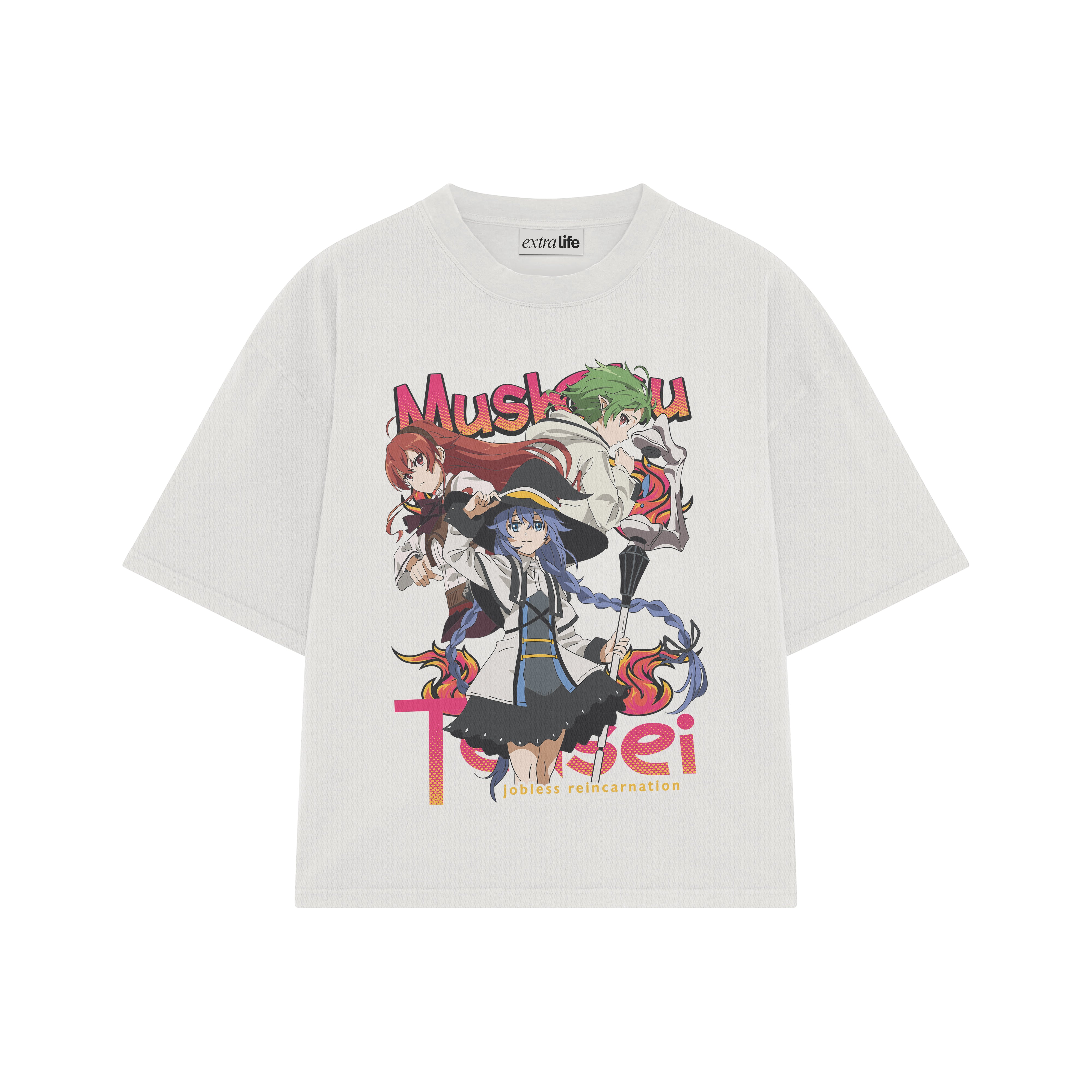 Playera streetwear premium de anime y gaming ExtraLife MX, corte boxy oversized drop shoulder heavyweight en color Deep Black y Off-White, moda urbana mexicana de culto.