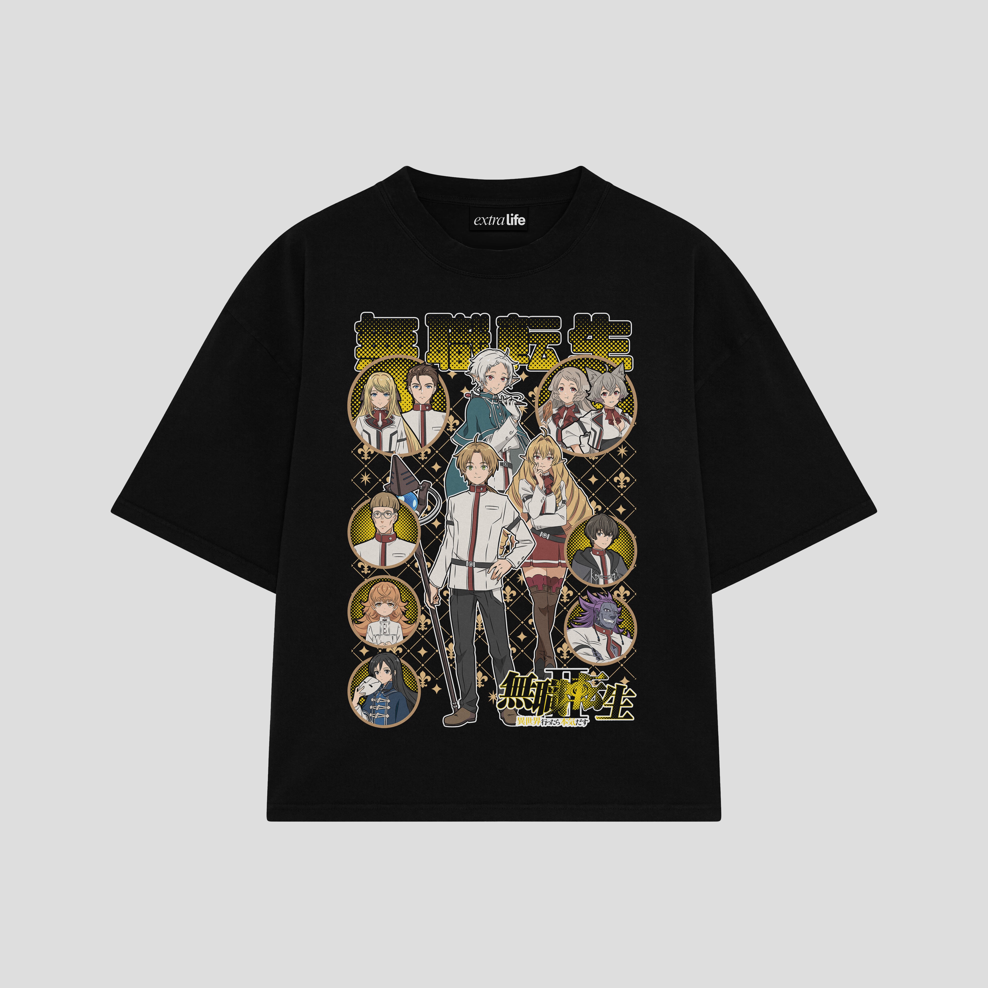 Playera streetwear premium de anime y gaming ExtraLife MX, corte boxy oversized drop shoulder heavyweight en color Deep Black y Off-White, moda urbana mexicana de culto.