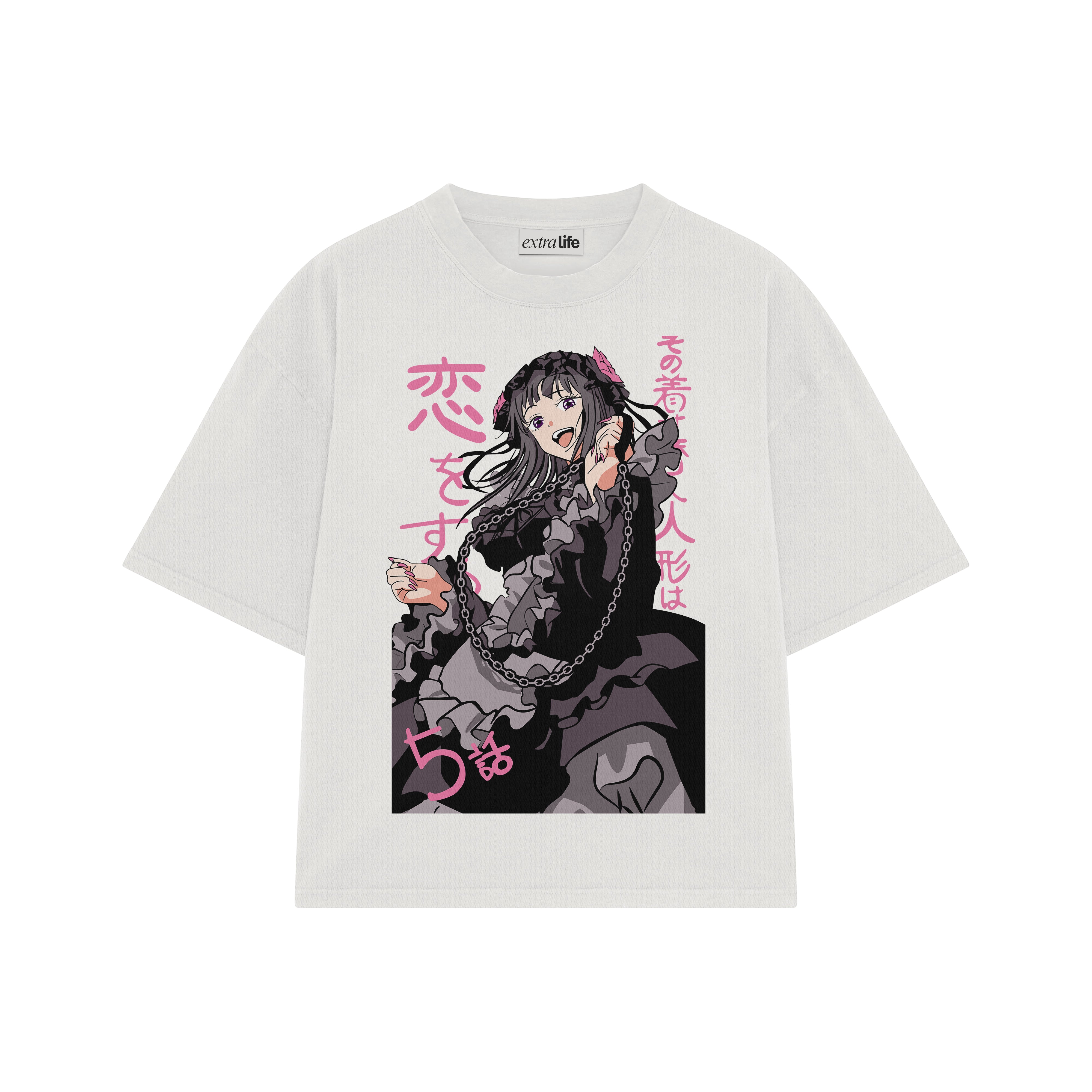 Playera streetwear premium de anime y gaming ExtraLife MX, corte boxy oversized drop shoulder heavyweight en color Deep Black y Off-White, moda urbana mexicana de culto.