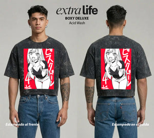 Playera streetwear premium de anime y gaming ExtraLife MX, corte boxy deluxe mineral wash heavyweight en color Acid Wash, moda urbana mexicana de culto.