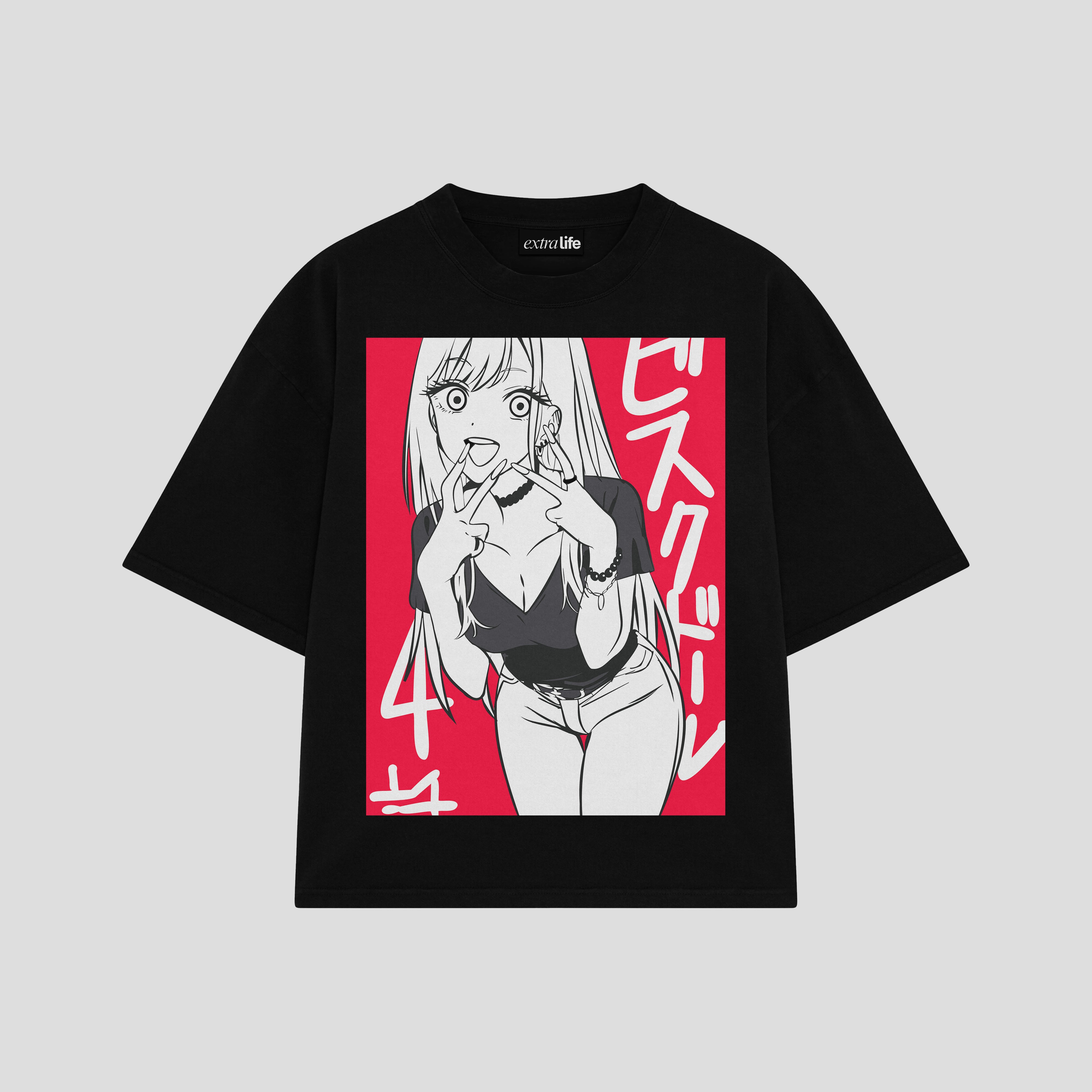 Playera streetwear premium de anime y gaming ExtraLife MX, corte boxy oversized drop shoulder heavyweight en color Deep Black y Off-White, moda urbana mexicana de culto.