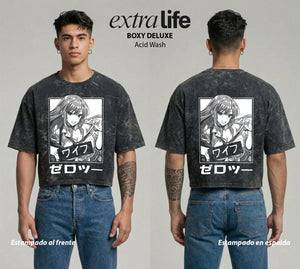 Playera streetwear premium de anime y gaming ExtraLife MX, corte boxy deluxe mineral wash heavyweight en color Acid Wash, moda urbana mexicana de culto.
