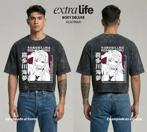 Playera streetwear premium de anime y gaming ExtraLife MX, corte boxy deluxe mineral wash heavyweight en color Acid Wash, moda urbana mexicana de culto.