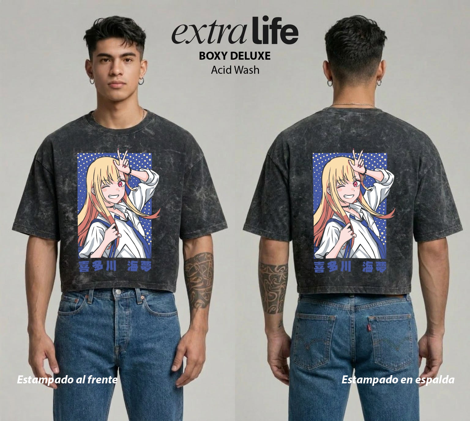 Playera streetwear premium de anime y gaming ExtraLife MX, corte boxy deluxe mineral wash heavyweight en color Acid Wash, moda urbana mexicana de culto.