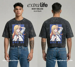 Playera streetwear premium de anime y gaming ExtraLife MX, corte boxy deluxe mineral wash heavyweight en color Acid Wash, moda urbana mexicana de culto.