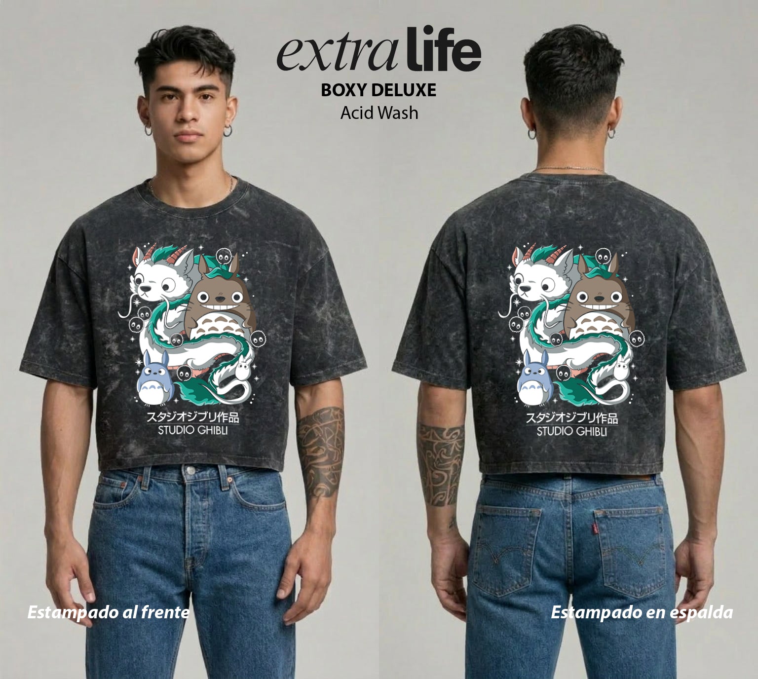 Playera streetwear premium de anime y gaming ExtraLife MX, corte boxy deluxe mineral wash heavyweight en color Acid Wash, moda urbana mexicana de culto.
