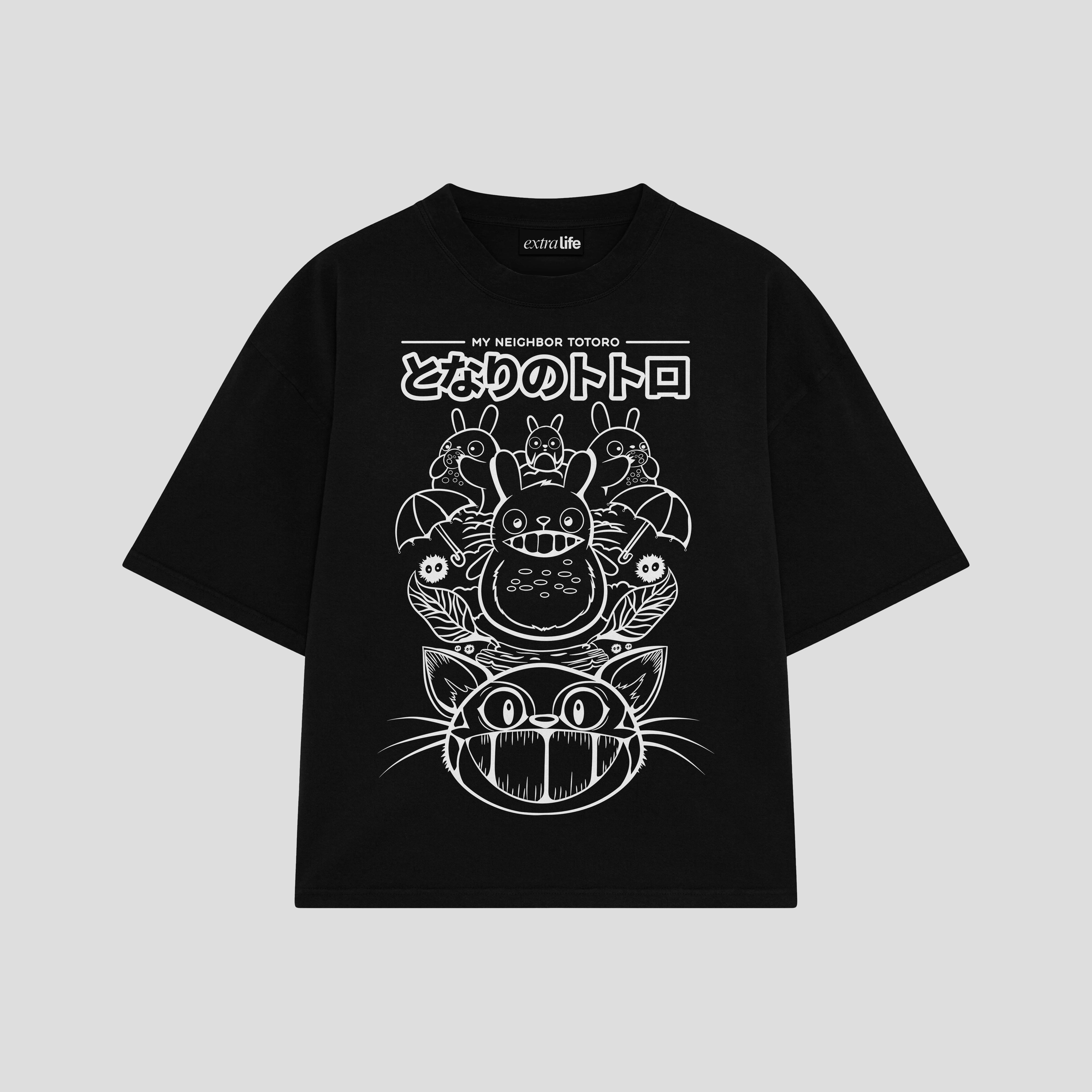 Playera streetwear premium de anime y gaming ExtraLife MX, corte boxy oversized drop shoulder heavyweight en color Deep Black y Off-White, moda urbana mexicana de culto.