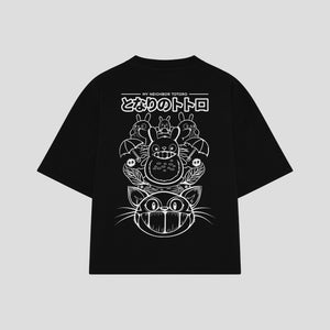 Playera streetwear premium de anime y gaming ExtraLife MX, corte boxy oversized drop shoulder heavyweight en color Deep Black y Off-White, moda urbana mexicana de culto.