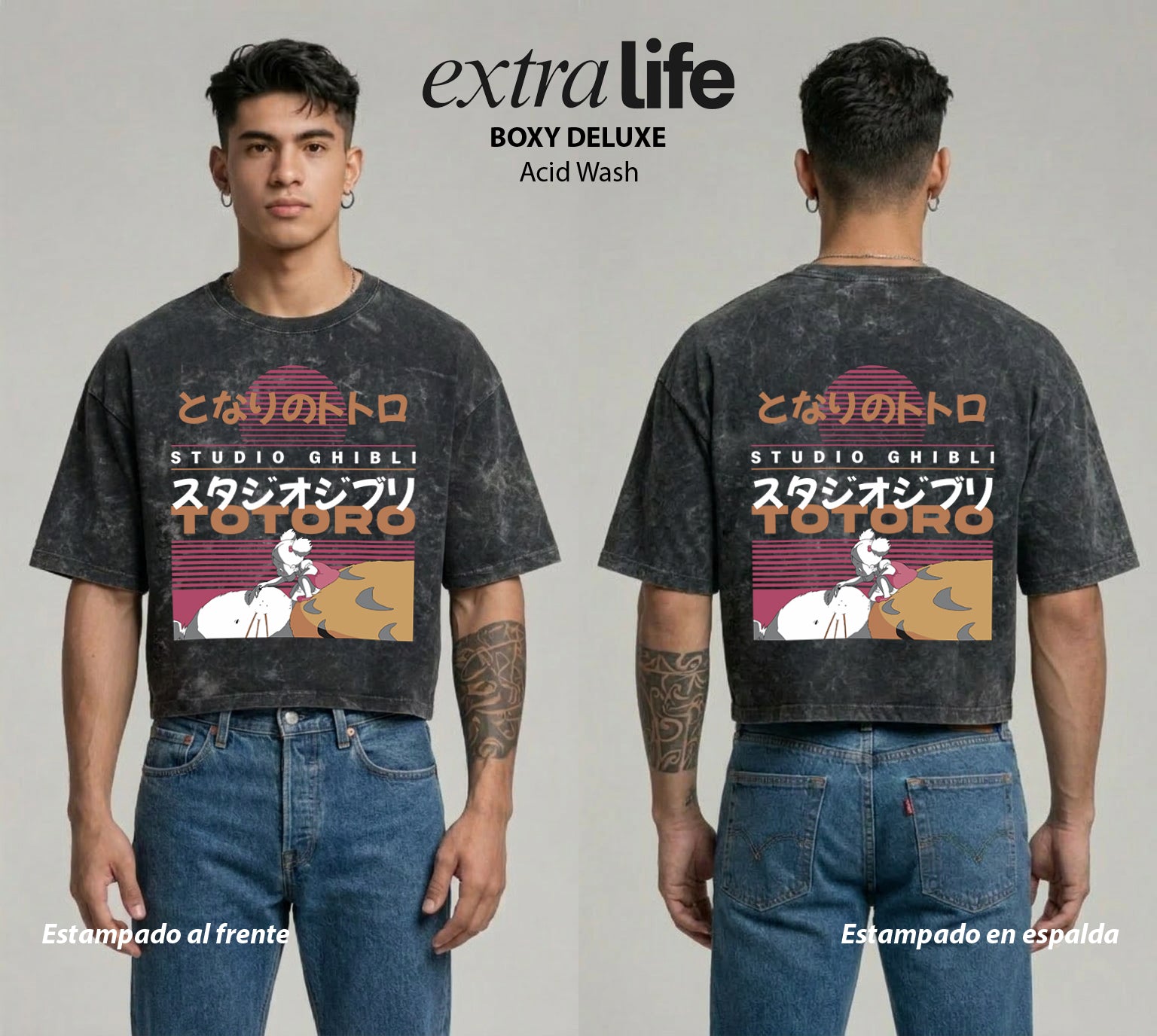 Playera streetwear premium de anime y gaming ExtraLife MX, corte boxy deluxe mineral wash heavyweight en color Acid Wash, moda urbana mexicana de culto.