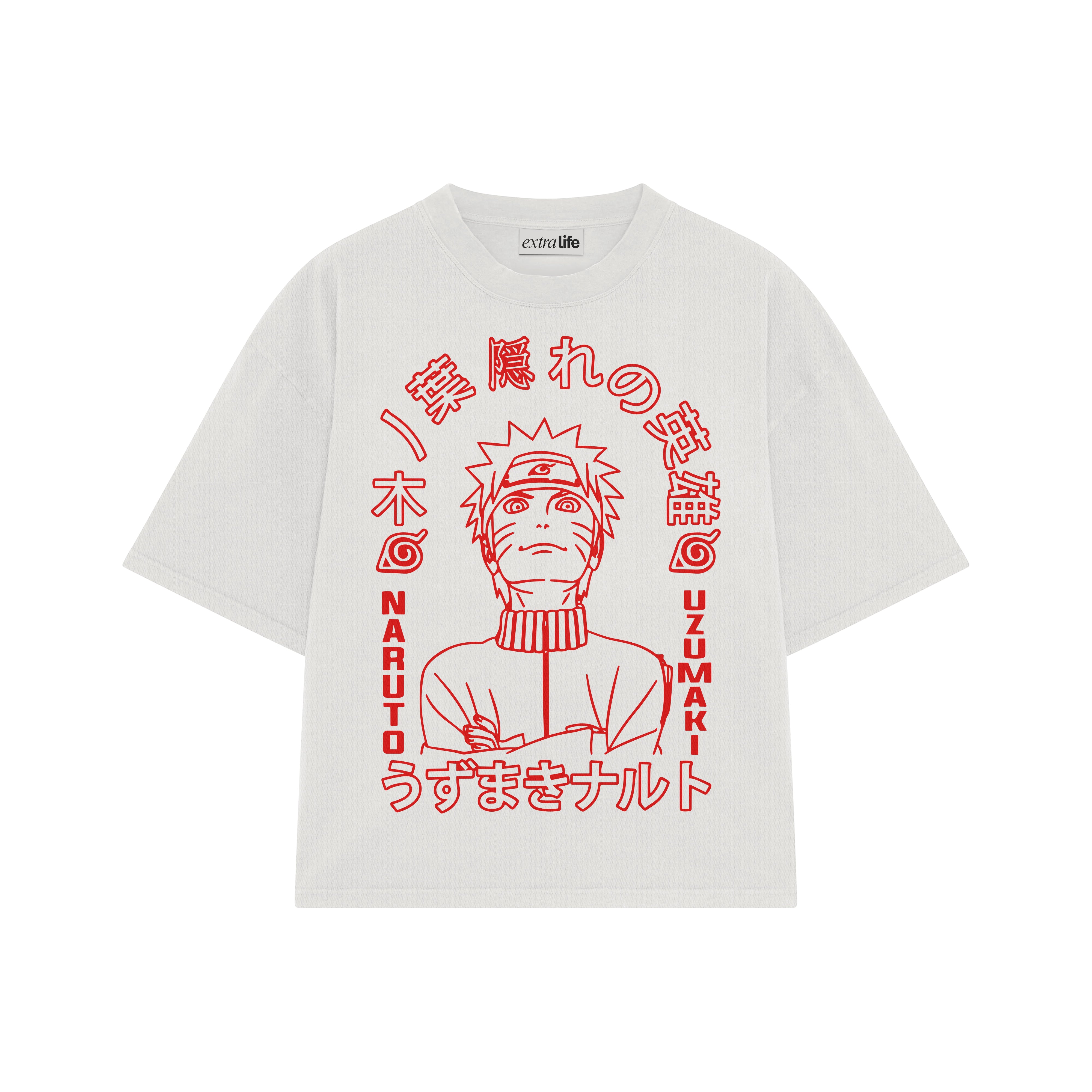 Playera streetwear premium de anime y gaming ExtraLife MX, corte boxy oversized drop shoulder heavyweight en color Deep Black y Off-White, moda urbana mexicana de culto.