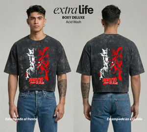 Playera streetwear premium de anime y gaming ExtraLife MX, corte boxy deluxe mineral wash heavyweight en color Acid Wash, moda urbana mexicana de culto.