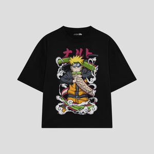 Playera streetwear premium de anime y gaming ExtraLife MX, corte boxy oversized drop shoulder heavyweight en color Deep Black y Off-White, moda urbana mexicana de culto.