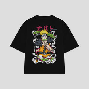 Playera streetwear premium de anime y gaming ExtraLife MX, corte boxy oversized drop shoulder heavyweight en color Deep Black y Off-White, moda urbana mexicana de culto.