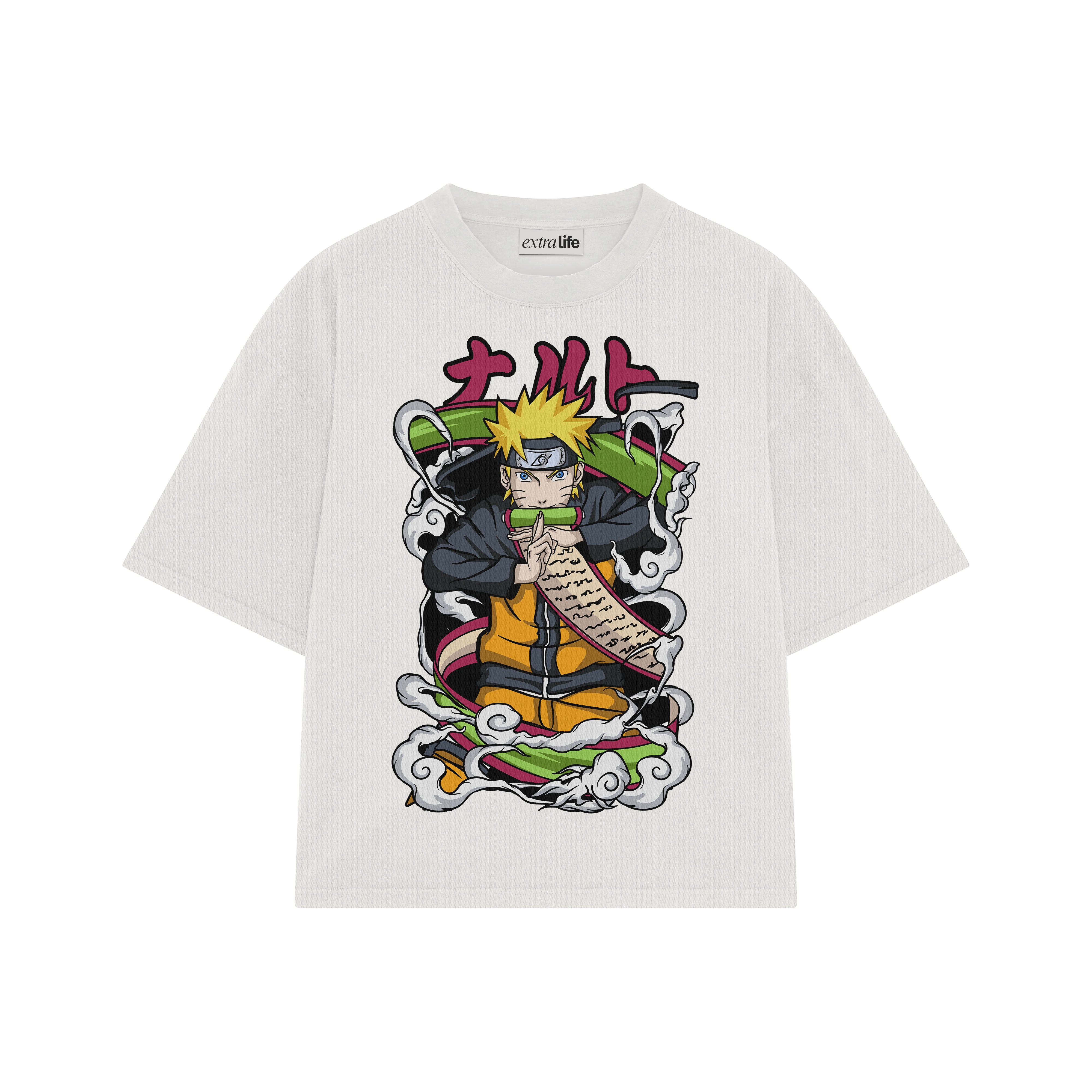 Playera streetwear premium de anime y gaming ExtraLife MX, corte boxy oversized drop shoulder heavyweight en color Deep Black y Off-White, moda urbana mexicana de culto.