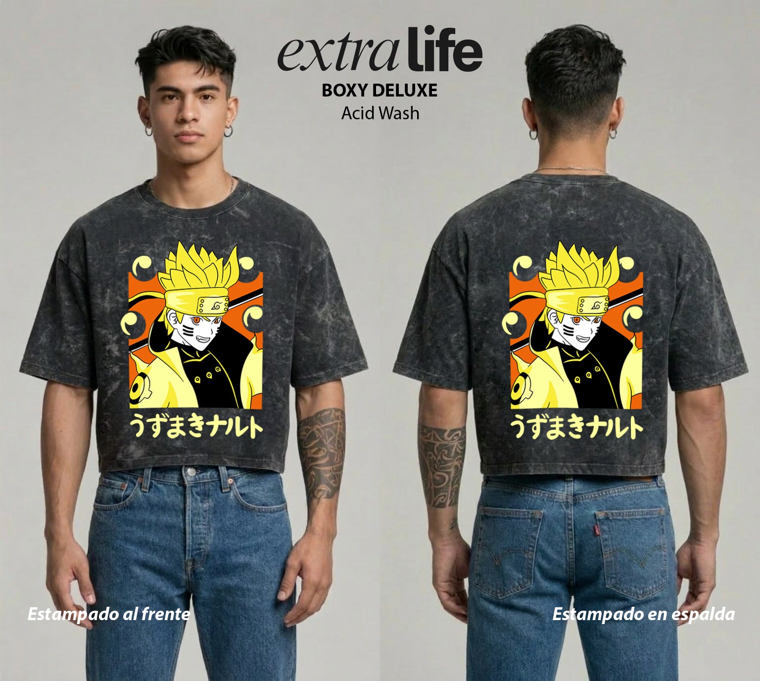 Playera streetwear premium de anime y gaming ExtraLife MX, corte boxy deluxe mineral wash heavyweight en color Acid Wash, moda urbana mexicana de culto.