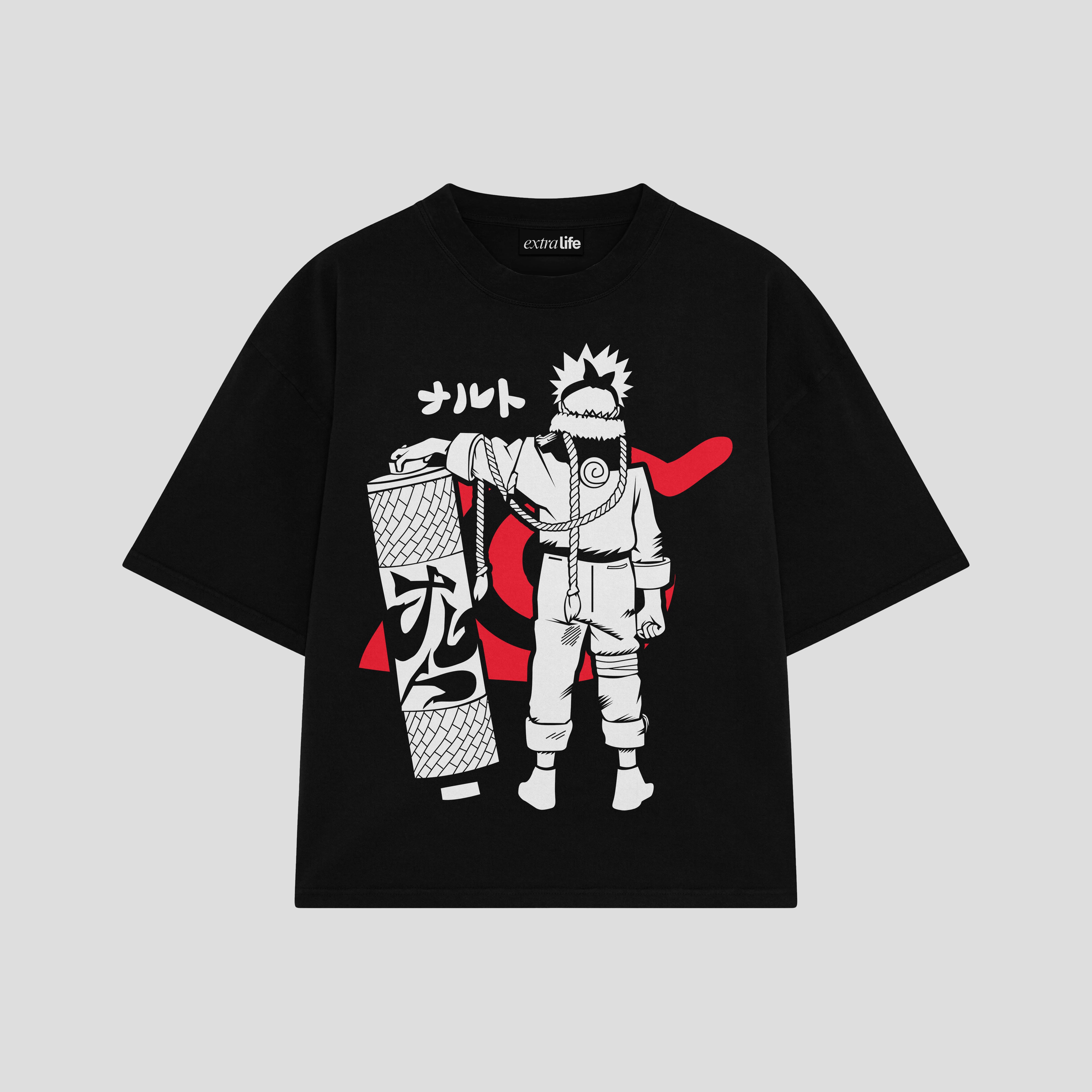 Playera streetwear premium de anime y gaming ExtraLife MX, corte boxy oversized drop shoulder heavyweight en color Deep Black y Off-White, moda urbana mexicana de culto.