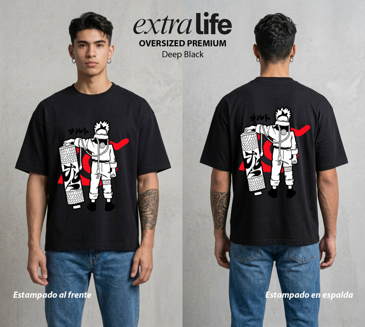 La Aldea Oculta | Spiritu del Zorro #02717 - Playera Oversized Premium | Deep Black - Foto en modelo
