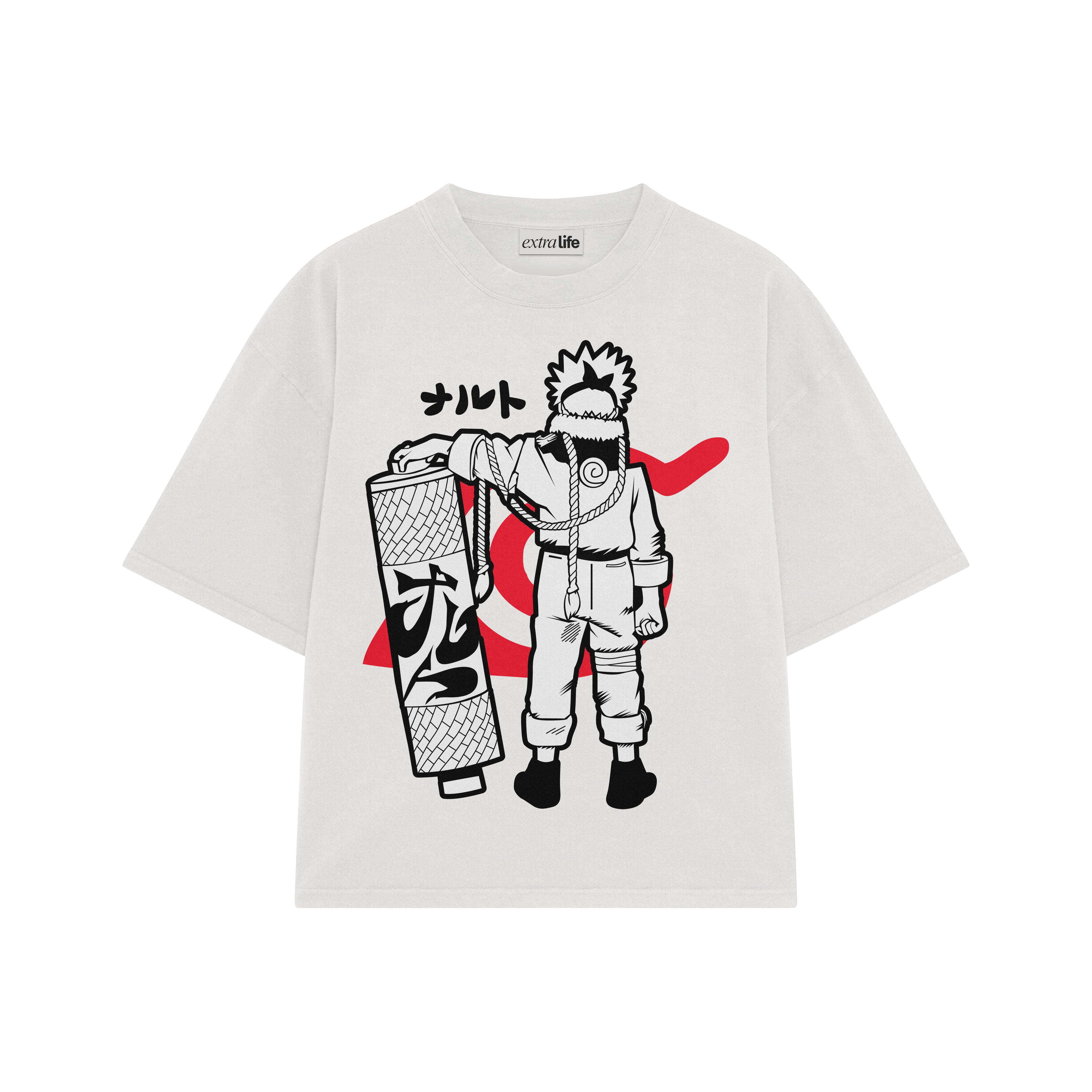 Playera streetwear premium de anime y gaming ExtraLife MX, corte boxy oversized drop shoulder heavyweight en color Deep Black y Off-White, moda urbana mexicana de culto.