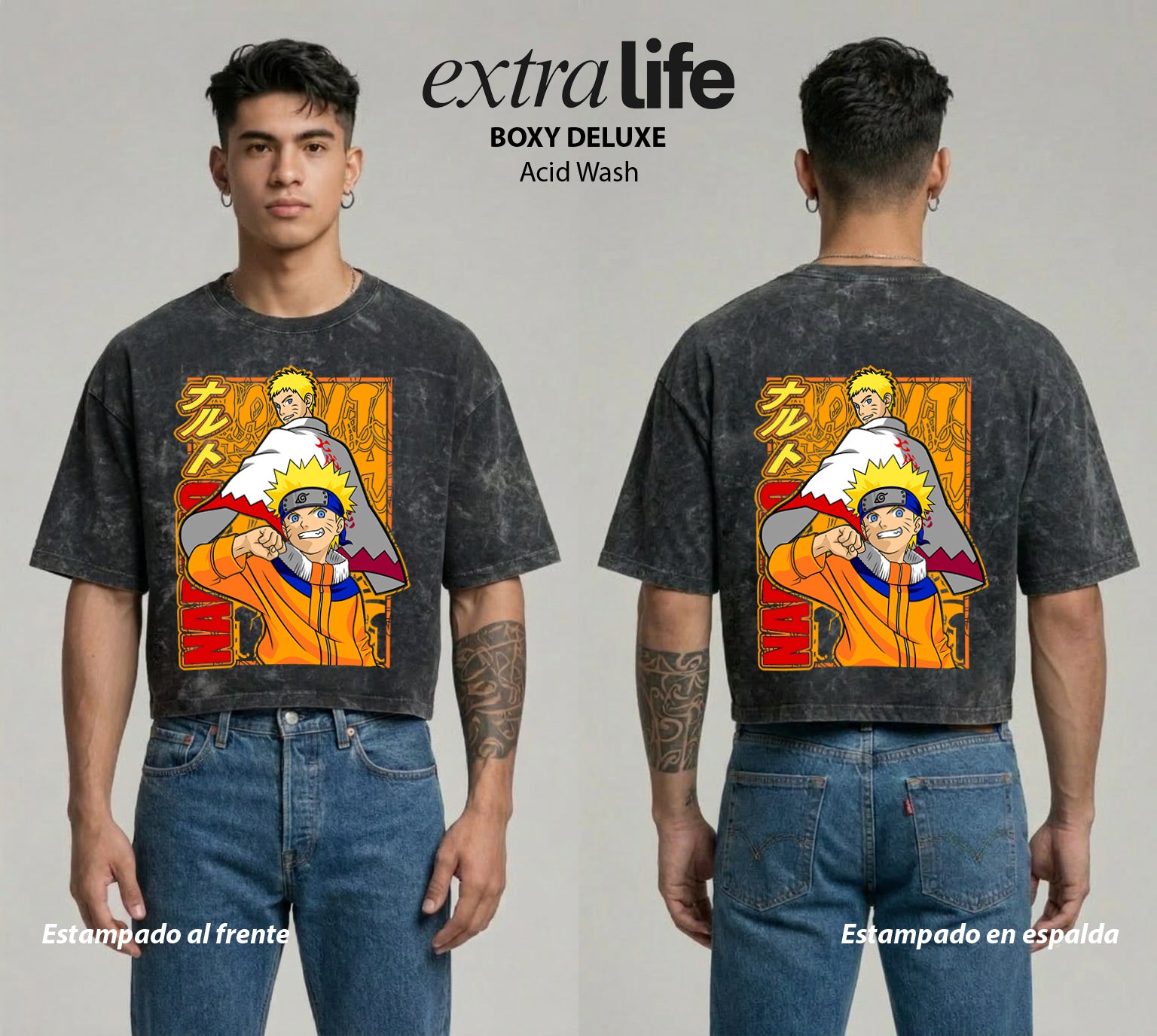 Playera streetwear premium de anime y gaming ExtraLife MX, corte boxy deluxe mineral wash heavyweight en color Acid Wash, moda urbana mexicana de culto.