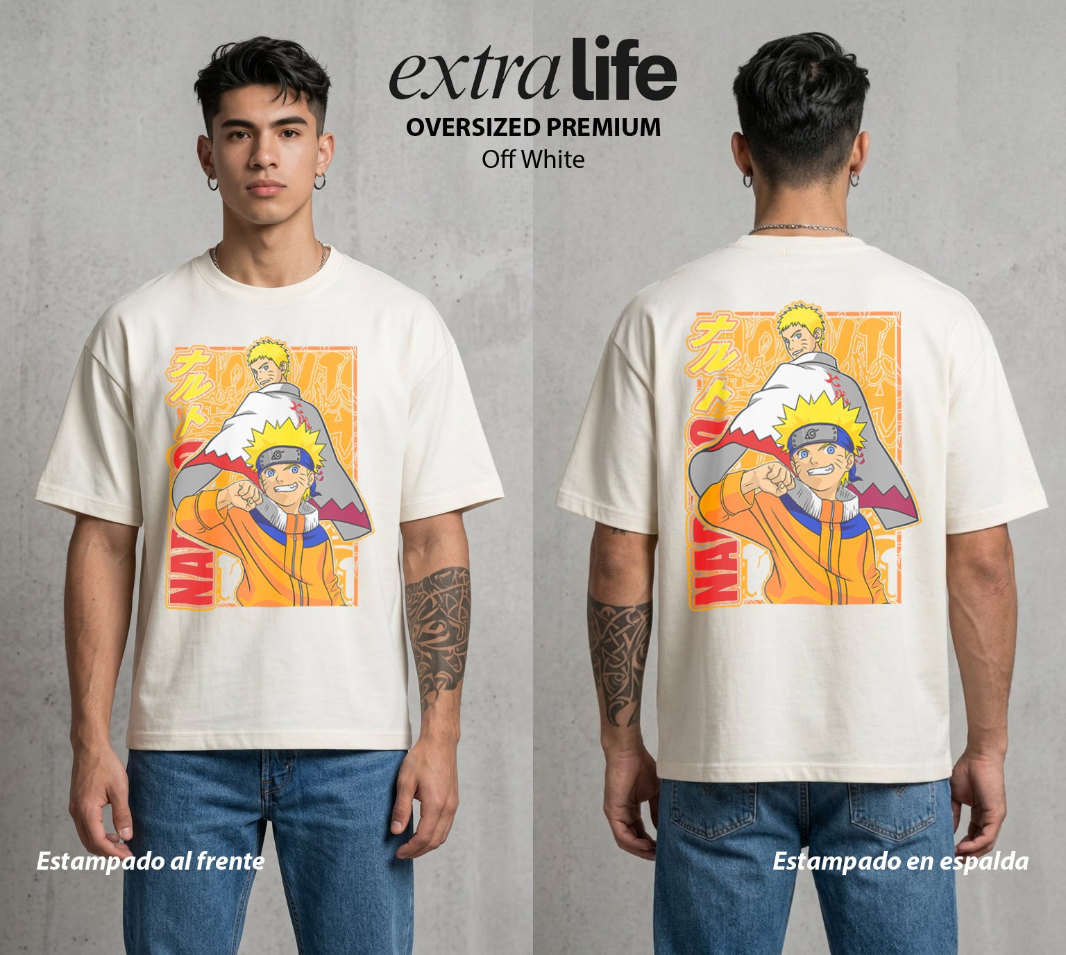 La Aldea Oculta | Zorro de Nueve Colas #02718 - Playera Oversized Premium | Off White - Foto en modelo